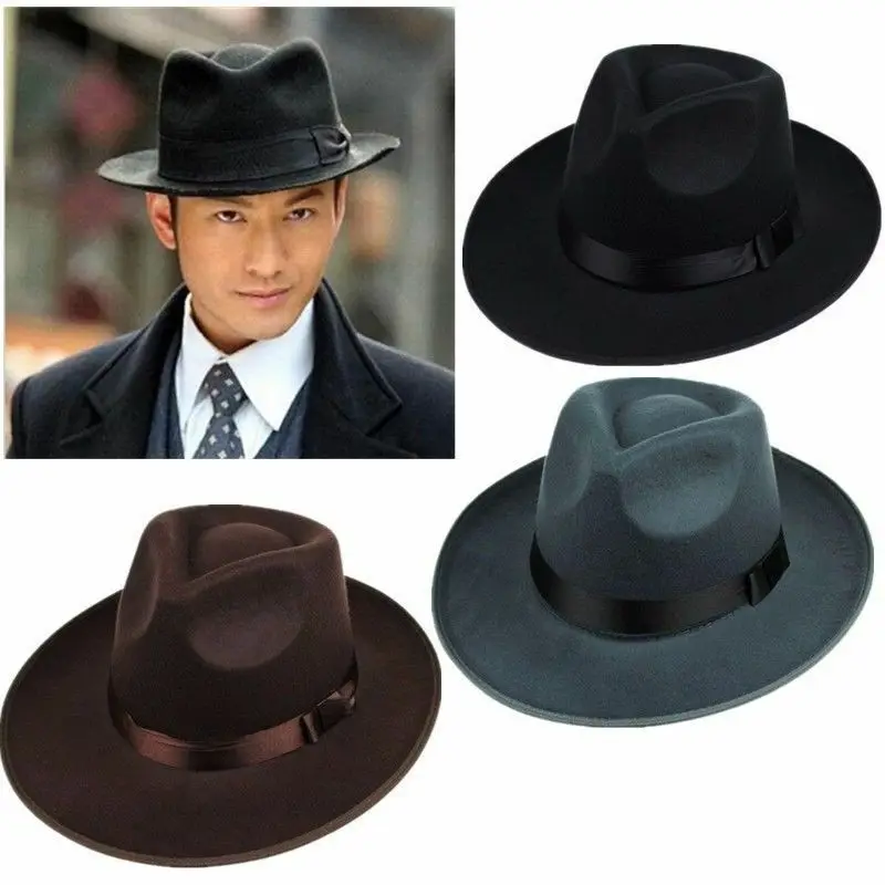 Винтажный Herren Damen Hart Filz Kappe breite Krempe Fedora Trilby Панама Федора Трилби Панама Шляпа Гангстера Новинка