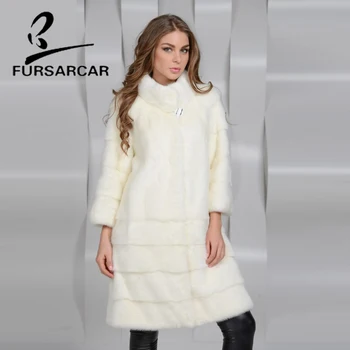 

FURSARCAR Luxury Milky White Real Mink Fur Coats Women With Stand Collar Natural Fur Jacket Thick Warm Winter Mink Fur Coat 2019