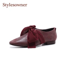 Стиль wowner ; женские лоферы из натуральной кожи; обувь в стиле ретро из коровьей кожи на плоской подошве со шнуровкой и бантом; удобная обувь без застежки