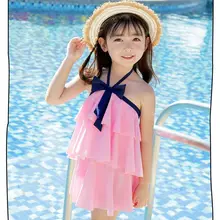 Купальник для девочек большой детей сиамские платье принцессы милый комплект для малышей ребенок оборками с открытой спиной и бантом на шнуровке купальники для девочек