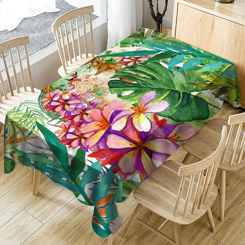 

7 Size Green Waterproof Tablecloth Tropical Plant Flower Oilproof Table Cover Rectangular Table Cloth Watercolor Art Decoration