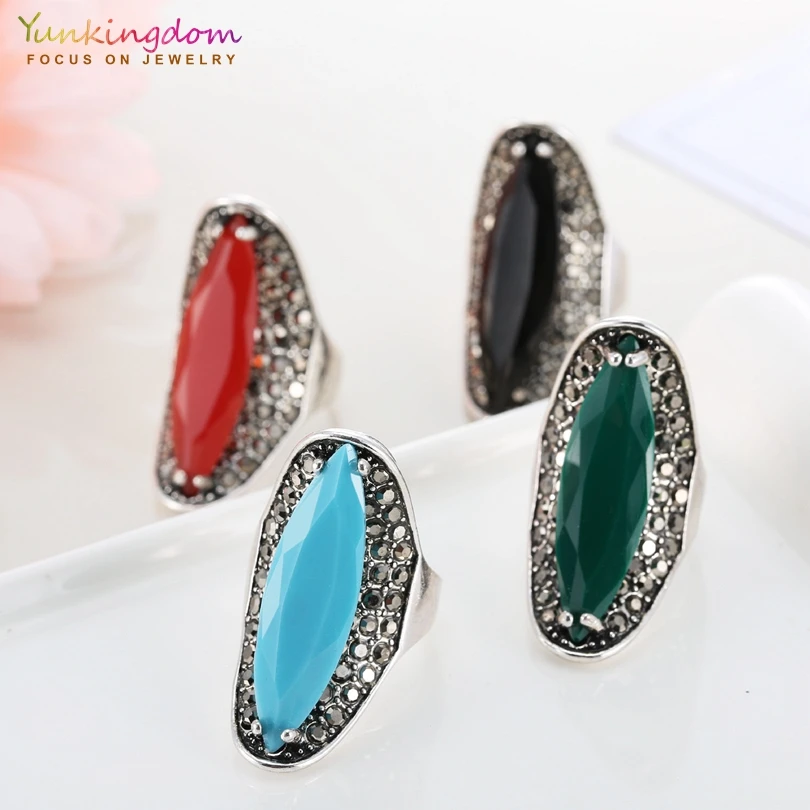 Yunkingdom Ethnic Jewelry Antique Silver Color Geometric Resin Rings for Women Girls Pretty Rings 4 Colors