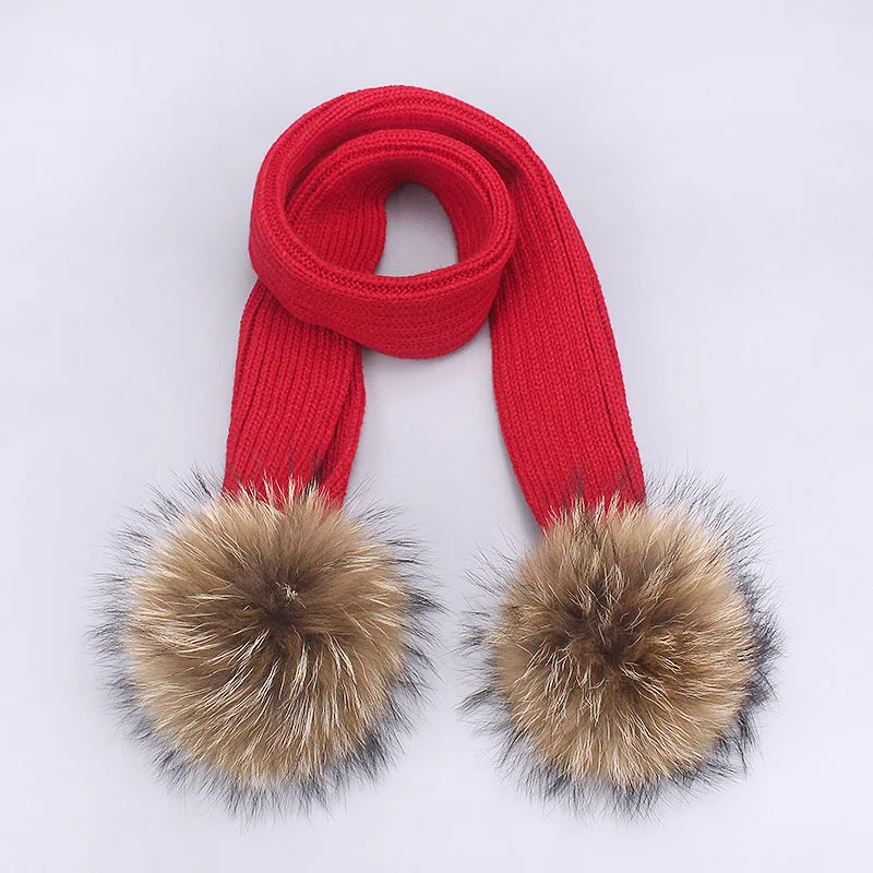 Children Pompon Beanie Hat Scarf Set Autumn Winter Outdoor Knitted Cotton Warm Real Raccoon Fur Pom-pom Caps Scarf 2 Piece Suit - Цвет: Scarf Red