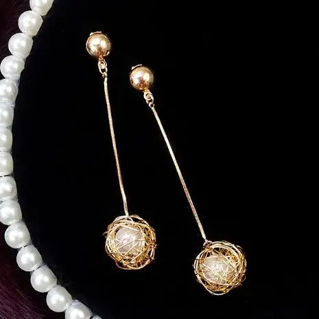 

Boho Vintage Long Gold Drop Dangle Pearl Earrings For Women Jewelry Femmal Unique Korean Style Alloy bling Gold Wire Earings