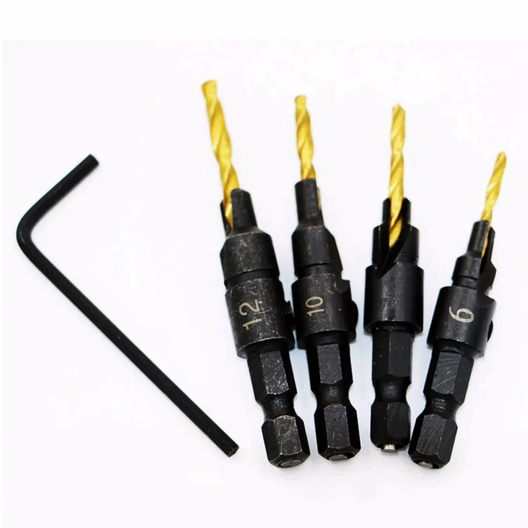 DWZ 4pcs  HSS  6~12mm Woodworking Countersink Chamfer Drill Bit Screw Set & Wrench