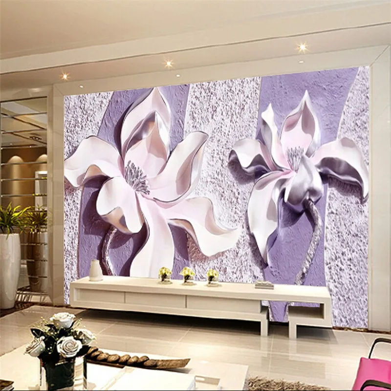 

Free Shipping 3D Stereo Relief Beautiful Purple Magnolia Guest Room decoration background custom mural wallpaper