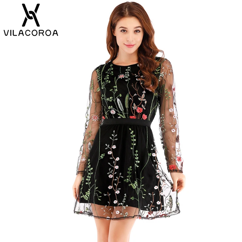 

Summer Print Embroidery Dress Women Vestidos Long Sleeve Round Neck Mesh Fashion Bohemia Sexy Mini A-Line Women Dress robe femme