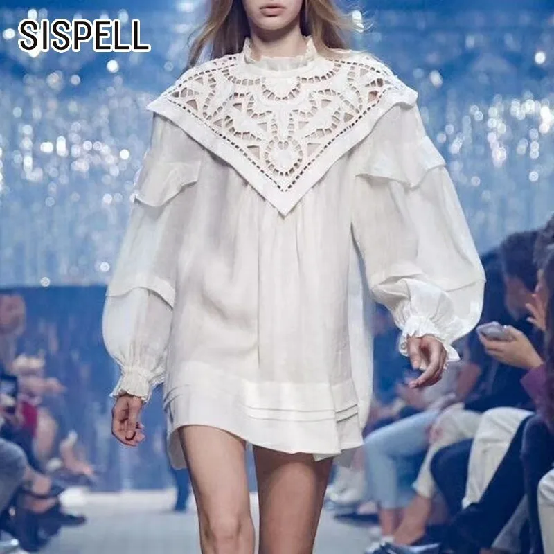 

SISPELL Korean A Line Dress Women O Neck Long Lantern Sleeve Loose Summer Solid Hollow Out Mini Female Dresses Fashion New 2019