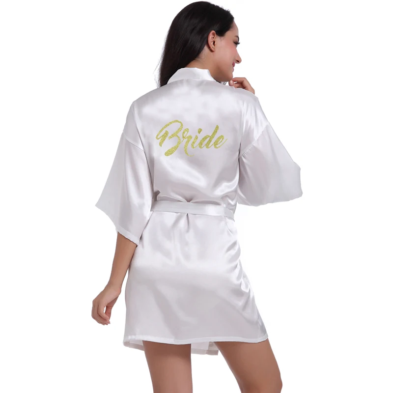 Кимоно для невесты с золотым блестящим принтом и буквенным принтом, женское платье из искусственного шелка для девичника, свадебные вечерние халаты