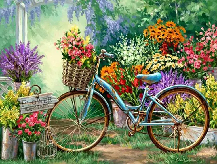

5D DIY Diamond Painting Bicycle Flowers Full Drill Embroidery Cross Stitch Rhinestone Decor Needlework Garden Mosaic