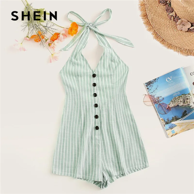 

SHEIN Knot Halter Single Breasted Striped Summer Romper Women Beach Vacation Sleeveless Sexy Romper Mid Waist Casual Jumpsuit