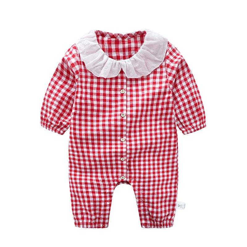 

Maggie's Walker Spring autum baby girls clothes Plaid peter pan collar cute rompers Children cotton long sleeve one-pieces