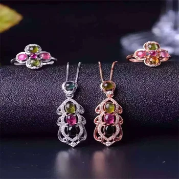 

KJJEAXCMY boutique Colorful jewelry natural tourmaline jewelry set 925 Silver Ring + Pendant + bracelet set of natural gemstones