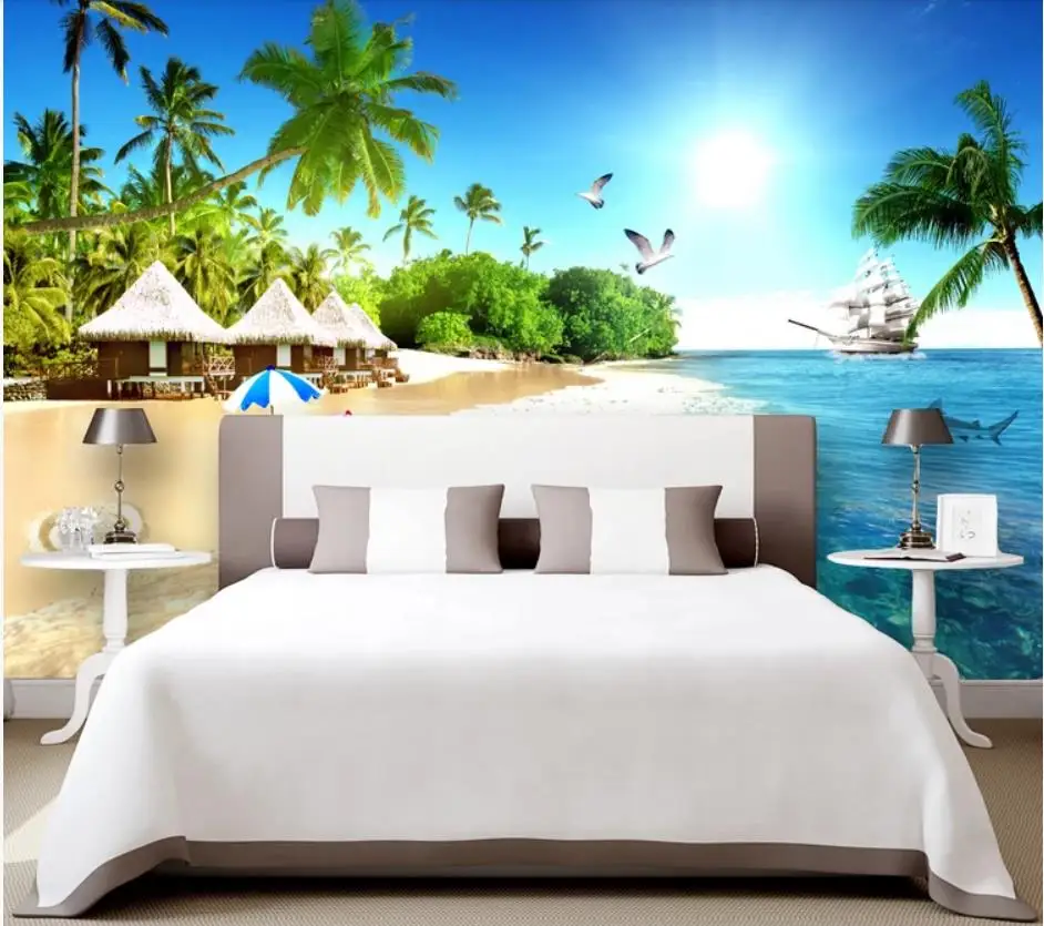 beautiful scenery wallpapers Seaside sea beach small grass house coconut tree sea view space expansion 3D background wall beautiful scenery wallpapers Seaside sea beach small grass house coconut tree sea view space expansion 3D background wall