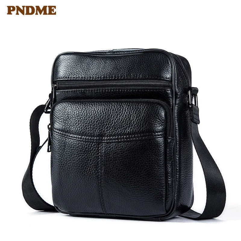 

PNDME high quality genuine leather men's shoulder crossbody bags vintage simple handmade first layer cowhide black zipper bags