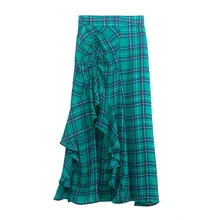 Возможно U зеленый черный плед манжета с рюшами ассиметричное миди юбка Корейская версия Империя Лето S0255