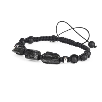 

Natural Rough Black Tourmaline Bead Adjustable Healing Stone Matte Onyx Nylon Rope Unisex Adjustable Macrame Energy Bracelet