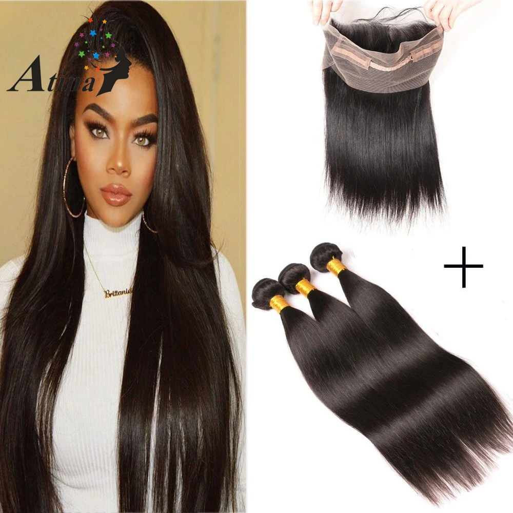 

Straight 360 lace frontal closure with bundles Human hair weave bundles with frontals Brazilian virgin hair with closure Atina