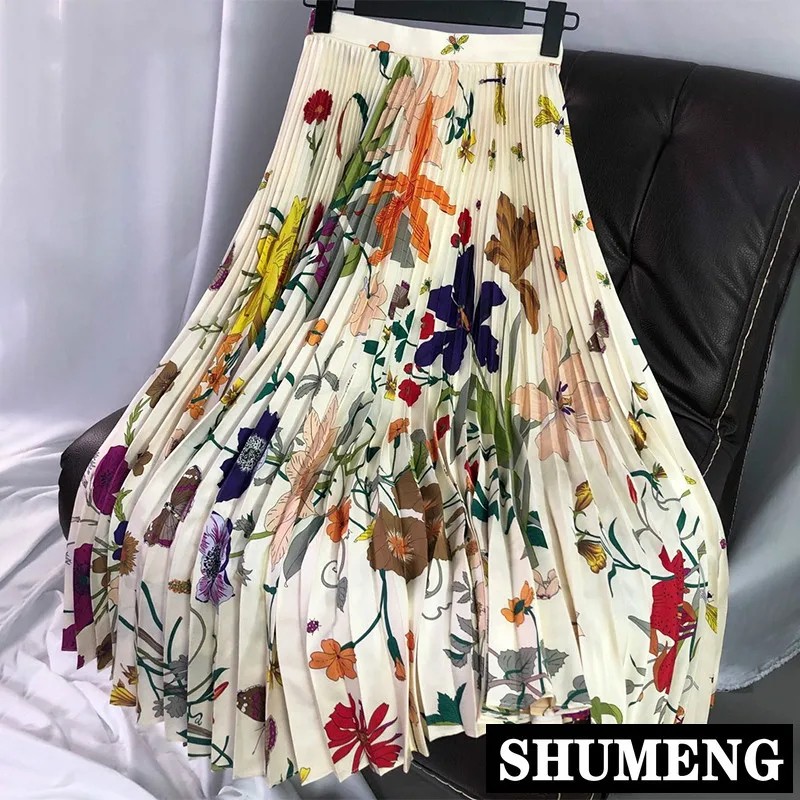 

New Spring and Summer High-end Watercolor Printed Long Pleated Skirt Women High Waist Slim Ankle Length Skirts