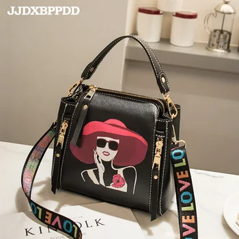 

Women Cartoon Printed Bag Female PU Leather Small Crossbody Handbag Girls Casual Letter straps Zipper Shoulder Messenger Bag