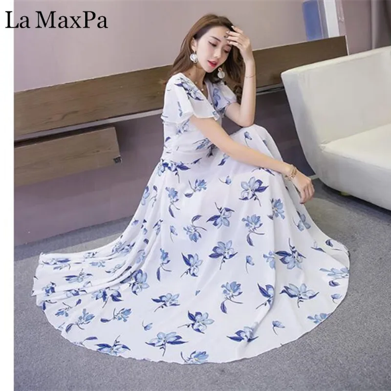 

La MaxPa Maxi Dress 2019 New Summer Womens Short Sleeve Froral Boho Beach Holiday Dresses Elegant Chiffon Dress Vestidos