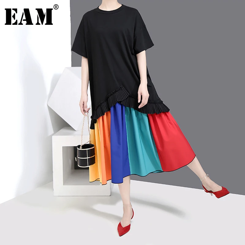 

[EAM] 2019 New Spring Summer Round Neck Short Sleeve Black Hem Ruffles Pleated Colorful Hem Big Size Dress Women Fashion JW990