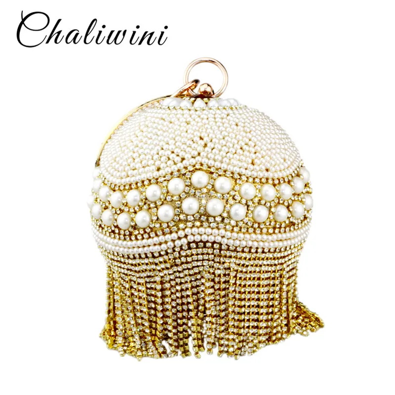 

Chaliwini new design silver tassel bowling round shape totes bag beaded pearl striped flower ball wristlets women messenger bag