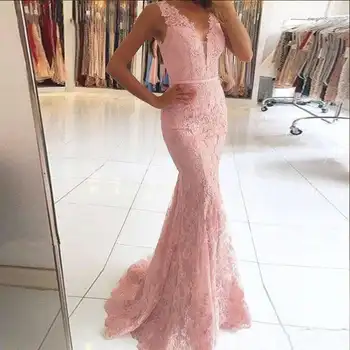 

Vestidos De Fiesta Largos De Gala 2019 Elegant V-Neck Illusion Back Mermaid Evening Dress Pink Lace Long Prom Dresses