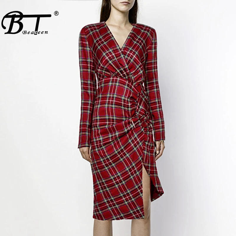 

Beateen New Style Red Plaid Long Sleeve Women Knee Length Dress V-Neck Office Lady 2018 Fashion