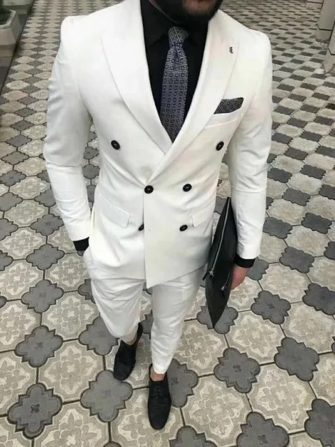 

2019 New White Double breasted Men Wedding Suits Slim fit 2 Pieces Jacket+Pants For Wedding Groom Prom Party Tuxedos