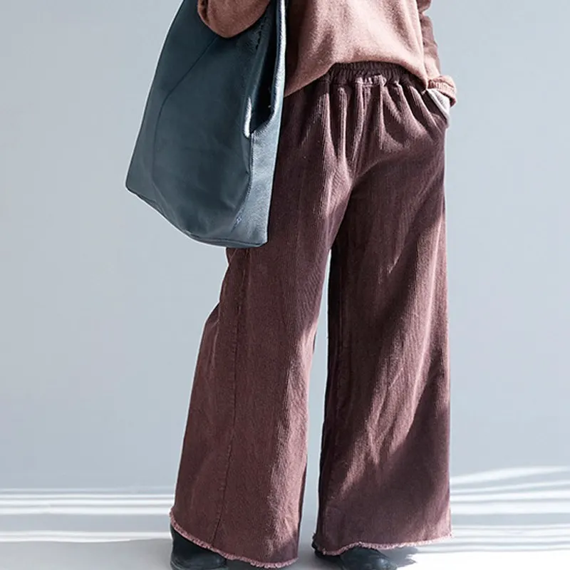 Mferlier женские вельветовые брюки размера плюс с высокой талией широкие брюки свободные винтажные длинные штаны с эластичной талией теплые зимние брюки - Цвет: Коричневый