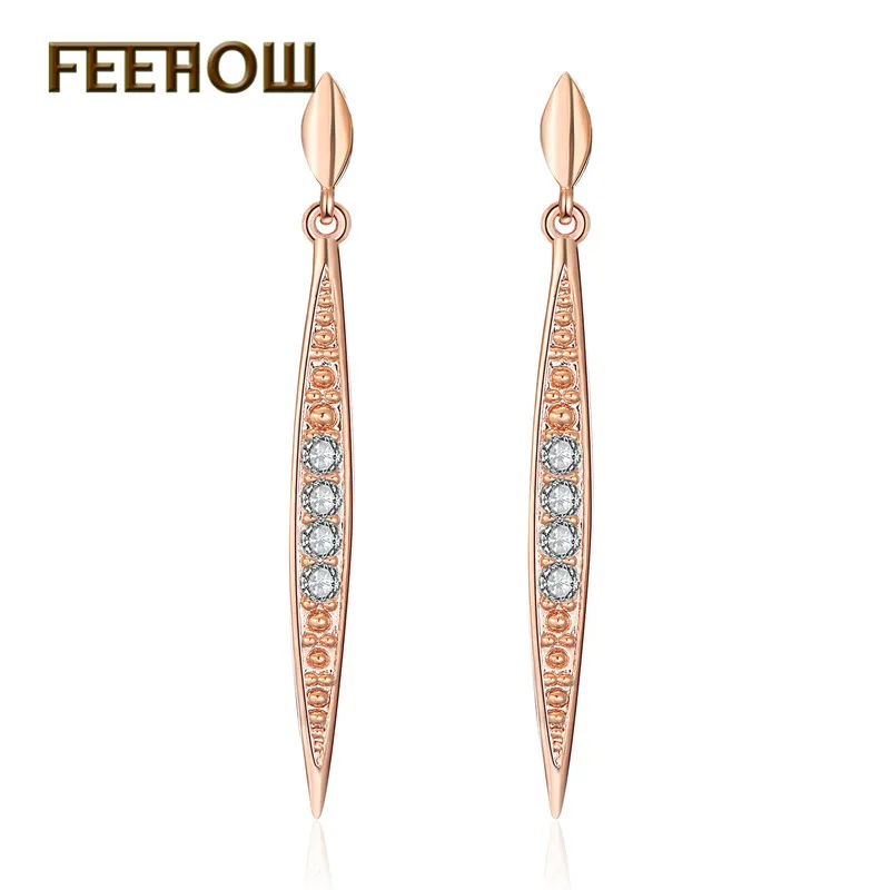 

FEEHOW Exquisite Micro Pave Cz Stone Long Dnagle Earrings For Women Wedding Rose Gold Color Dinner Party Jwewlry Accessories
