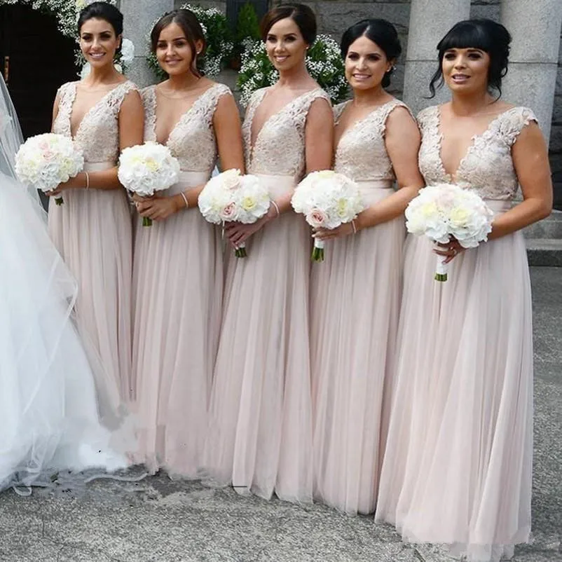 

2019 New Cheap Bridesmaid Dresses Deep V Neck Lace Appliques Chiffon Tulle Plus Size Long Beach Maid Of Honor Formal Wedding