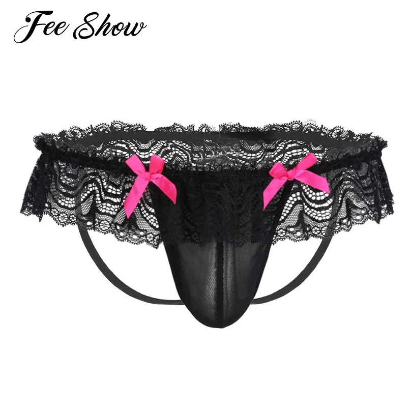 

Black Sexy Men's Lingerie See Through Briefs Underwear Mesh Lace Bowknot Open Butt Jockstrap Bikini Briefs Underwear Underpants