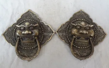

China Bronze Dragon Phoenix Statue Mask BiXie Trigram Lion Door Knocker Pair