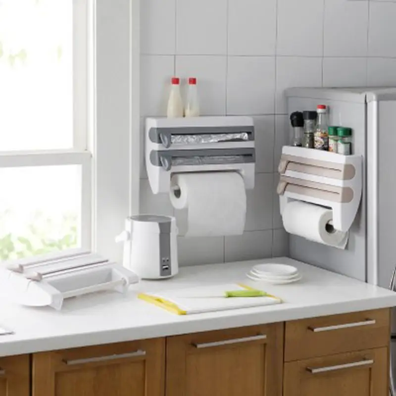 

Plastic Refrigerator Cling Film Cutting Storage Rack Wrap Cutter Tin Foil Paper Towel Holder Kitchen Shelf Plastic Hang Holder