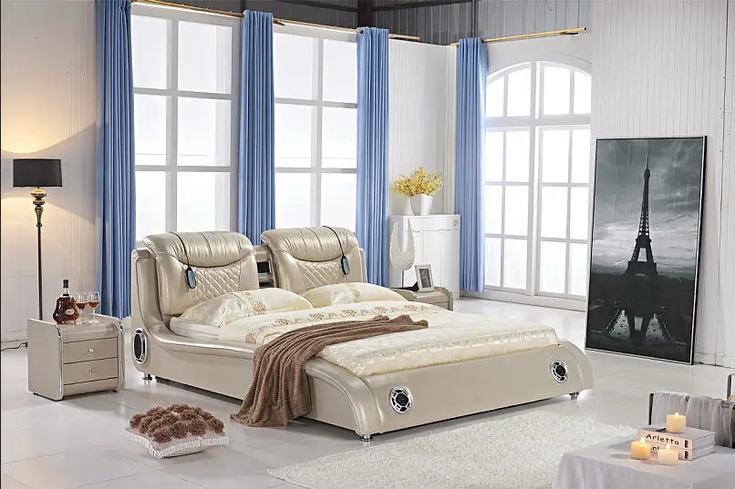 Мягкие кровати из натуральной кожи для спальни с массажным динамиком