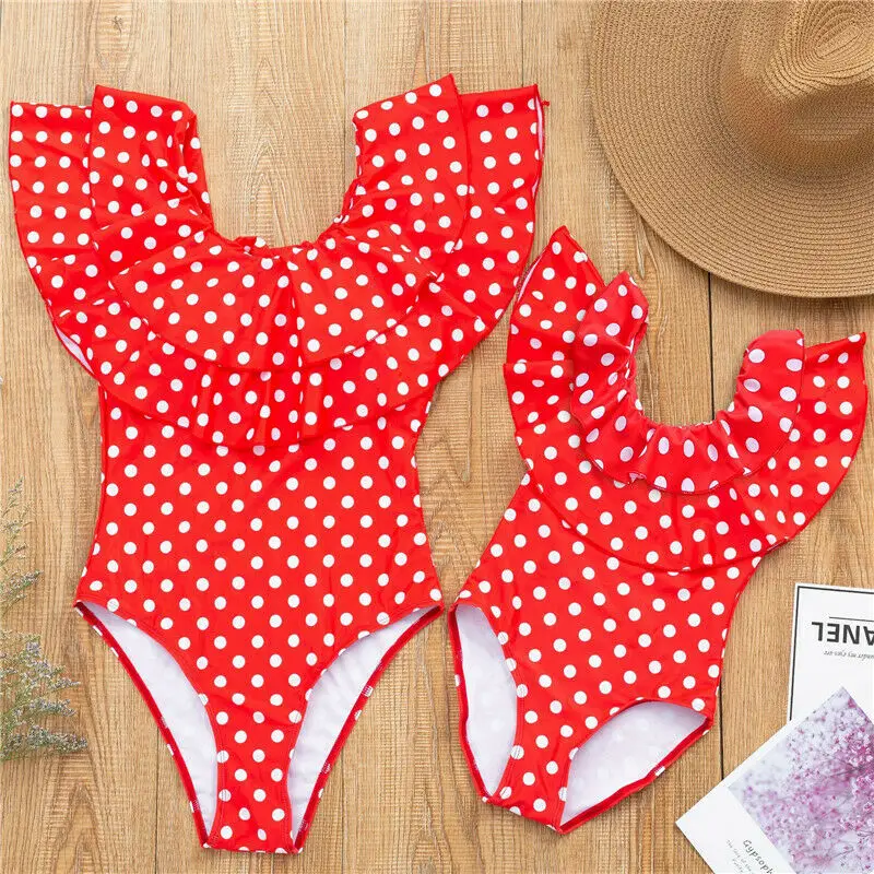 

IMCUTE Family Matching Swimsuit Mother and Daughte Red Dots Printed Swimwear Summer Fashion Set