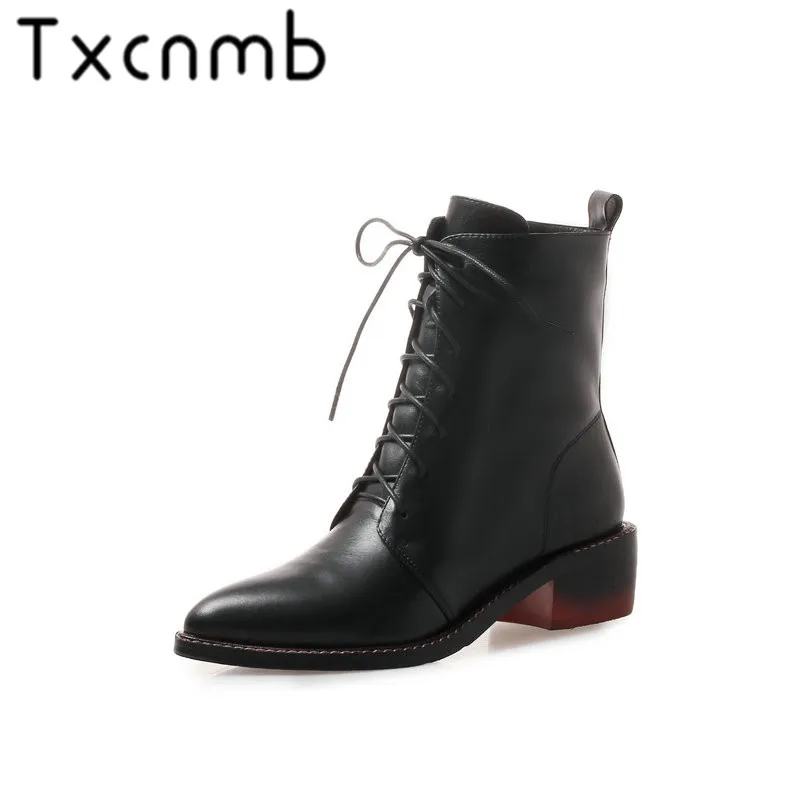 

TXCNMB 2019 Autumn/winter New Shoes Woman Side Zipper Handmade Genuine Leather Boots Pointed Toe Square Heel Boots Women