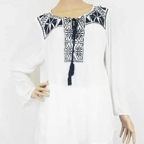 Women Ethnic Floral Embroidery Tunic Dress Full Sleeves Dress Blouse Cover Up Black Blue Tassels Indian