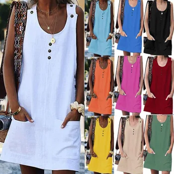 

Women Casual Loose Dress Button Vest Tank Solid Beach Boho Splice Pocket Befree Dress Plus Sizes Summer Dresses Robe Femme