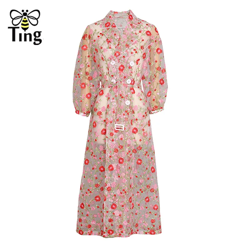 Tingfly Роскошное дизайнерское подиумное стильное Сетчатое платье с цветочной вышивкой элегантное платье-Тренч с отложным воротником и двойной грудью - Цвет: as picture