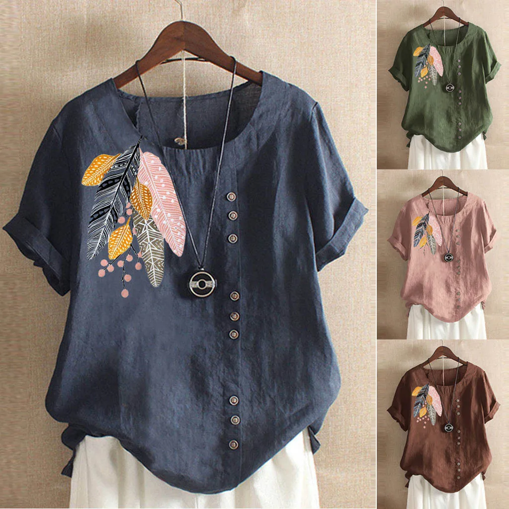

Tshirt Women Fashion Plus Size Cotton And Linen O-Neck Applique Short Sleeve Tops Poleras Camiseta Harajuku Top Women T Shirt