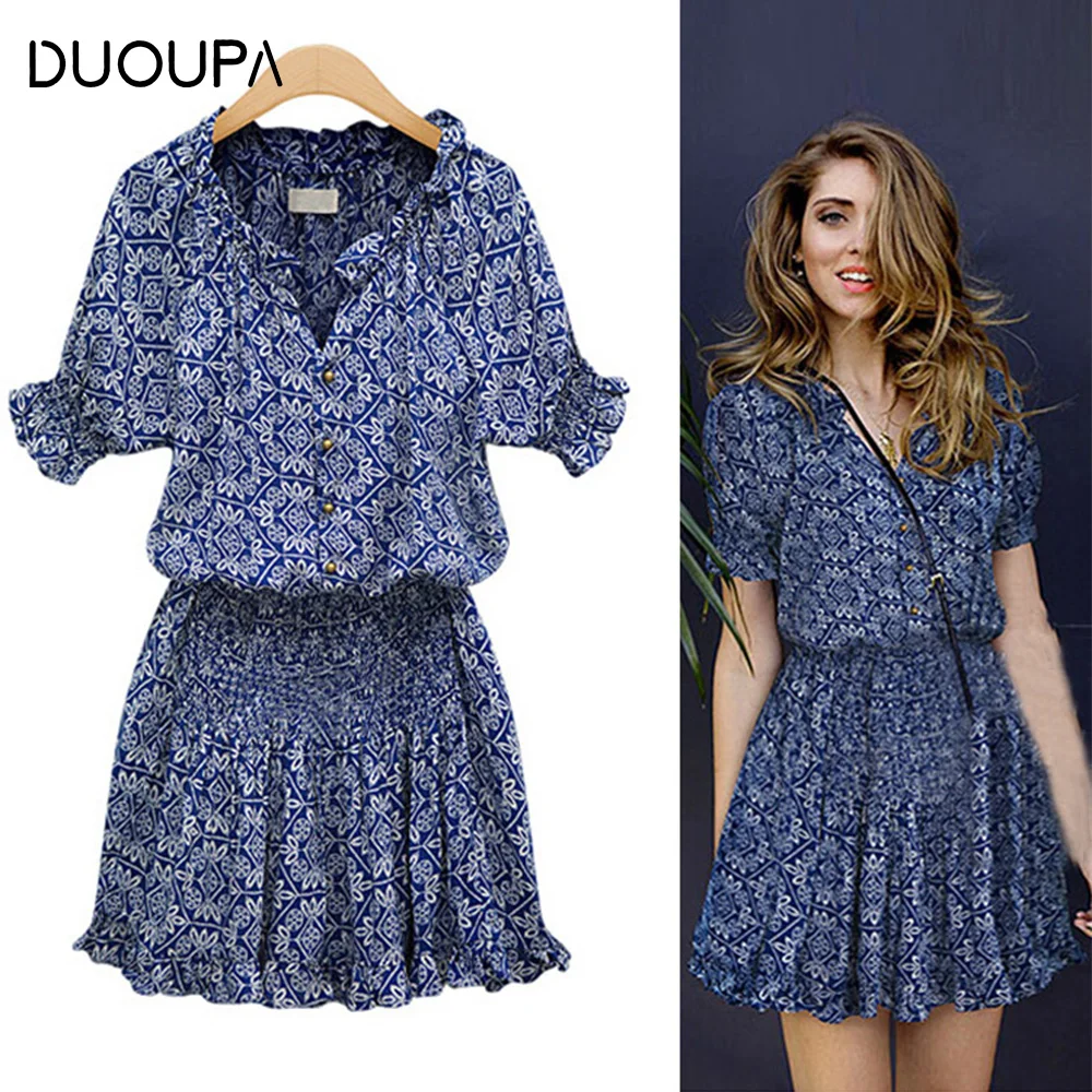 

Duoupa 2019 Women Summer Dress Boho Style Floral Print Chiffon Beach Dress Tunic Sundress Loose Mini Party Dress