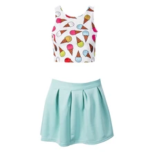 Летний Женский Повседневный короткий топ и юбка, комплекты, короткий топ с принтом и плиссированные мини-юбки