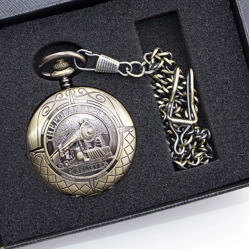 Винтажные бронзовые, в стиле стимпанк карманные часы Mechaincal ФОБ часы Цепочки и ожерелья поезд логотип резьба цепь Для мужчин Для женщин часы