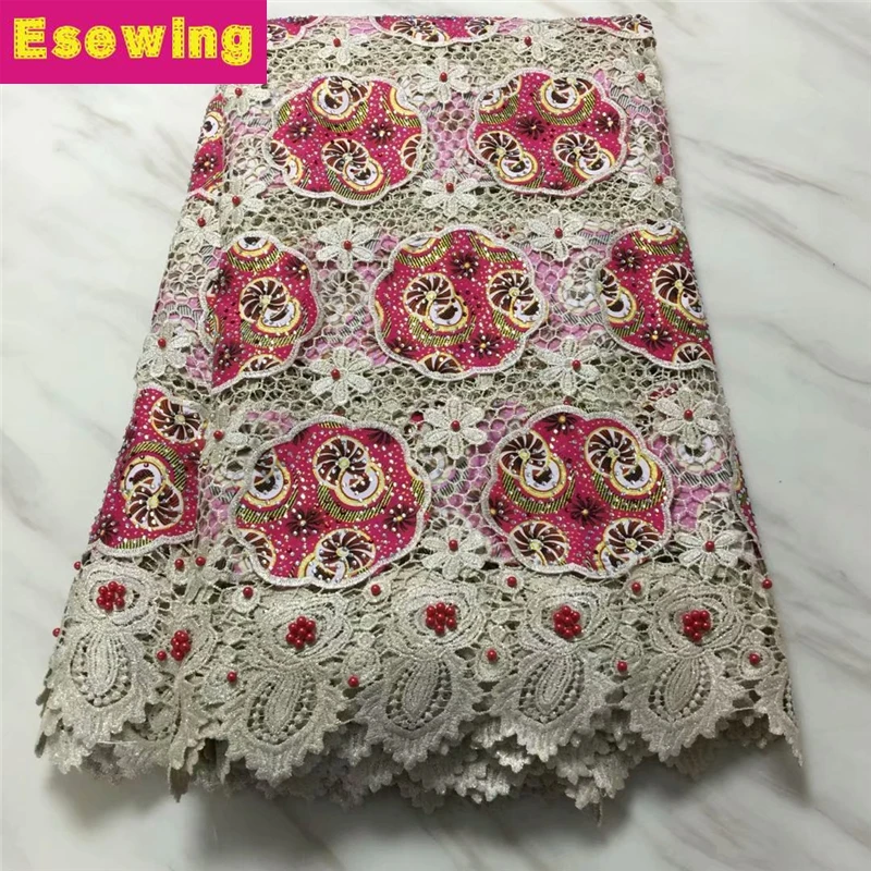 

Esewing Floral Pink ankara wax print embroidered with guipure African cord lace mesh borders fabric 2019 High quality 5 yards/pc