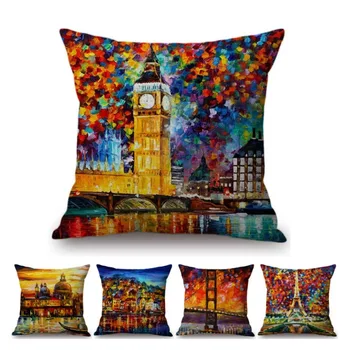 

18" European Nordic Art Dots Oil Painting Colorful Landmark Buildings Big Ben Eiffel Tower Throw Pillow Home Decor Cushion Cover