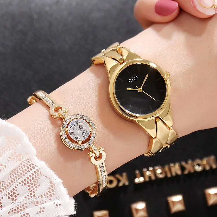 Хит, модные женские часы GEDI из розового золота, топ класса люкс, Брендовые женские кварцевые часы, 2 шт., Часы Relogio Feminino Hodinky - Цвет: gold black