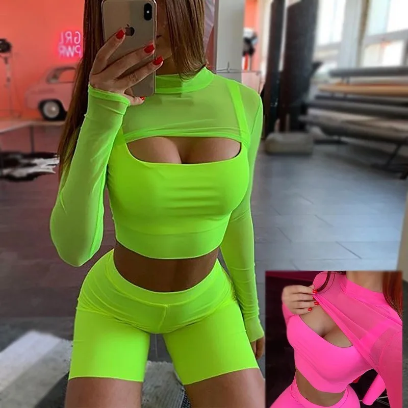 

2019 Summer sexy neon green 2 piece set women biker short set for women tracksuit sports wear for women gym matching set ouffit